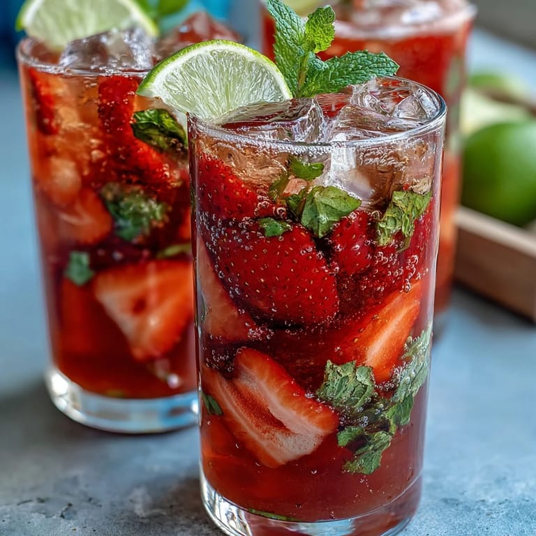 Refreshing non-alcoholic strawberry mint drink in a clear pitcher, garnished with citrus slices and mint.  