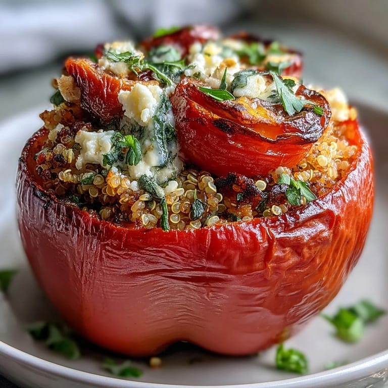 Wholesome bell peppers filled with herbed quinoa, zucchini, and tomatoes, baked until tender for a flavorful Mediterranean-inspired dish.
