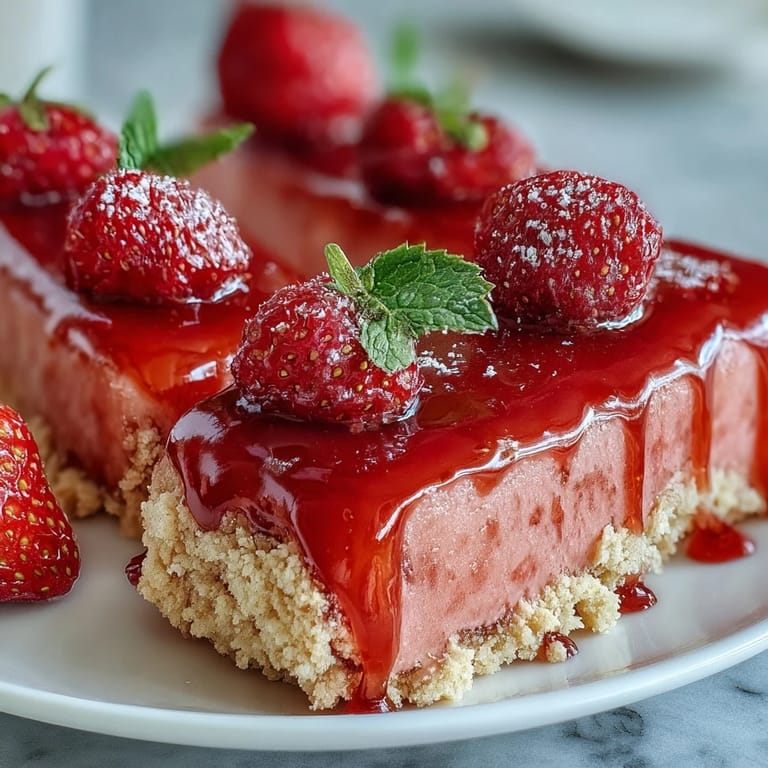 A close-up view of sliced strawberry lemonade bars stacked together, showcasing the vibrant pink citrus layer.