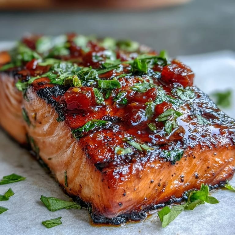 Smoky grilled salmon paired with vibrant strawberry salsa, garnished with lemon wedges for a fresh finish.