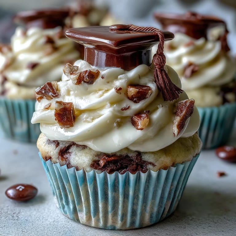 Simple vanilla cupcakes decorated with buttercream frosting and graduation cap toppers, ideal for school party dessert tables.