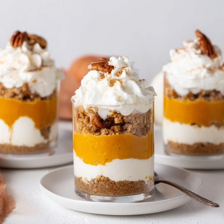 Bite-sized Thanksgiving dessert shooters with whipped cream and crunchy pecans on top.
