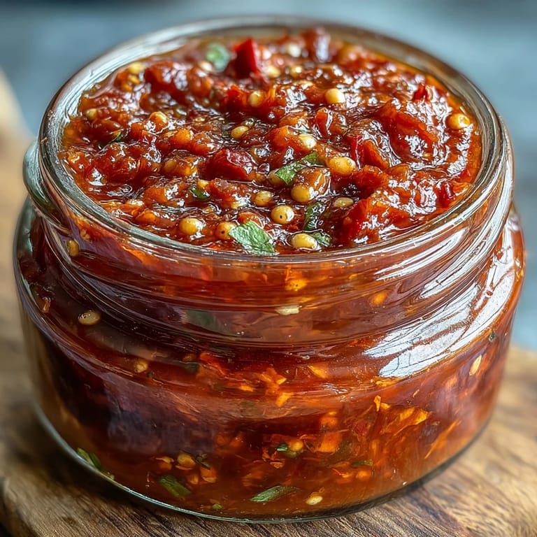 Close-up of bubbling fermented chili mixture, showcasing rich red hues and aromatic garlic cloves for a bold, homemade hot sauce.