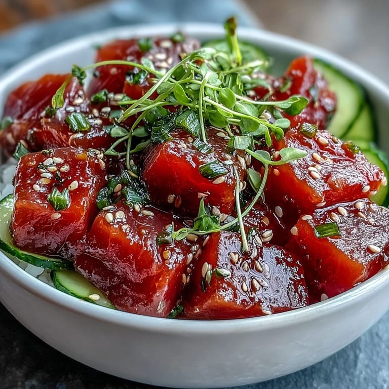 Colorful Spring Tuna Poke Bowl featuring tender marinated tuna, crunchy vegetables, and a zesty ponzu dressing, perfect for a healthy lunch.