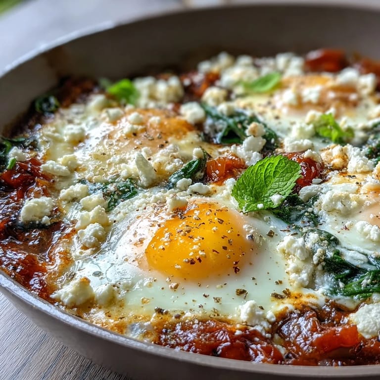 Vibrant vegetarian shakshuka featuring spinach, feta, and perfectly poached eggs simmered in smoky, spiced tomato sauce.