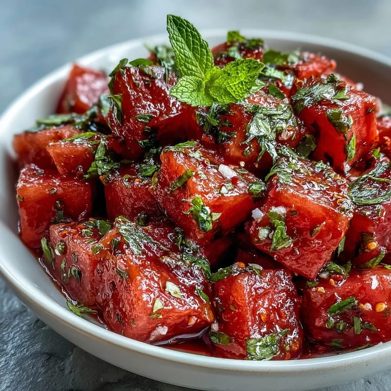 Refreshing watermelon chili lime salad, bursting with mint and spicy tropical flavors.
