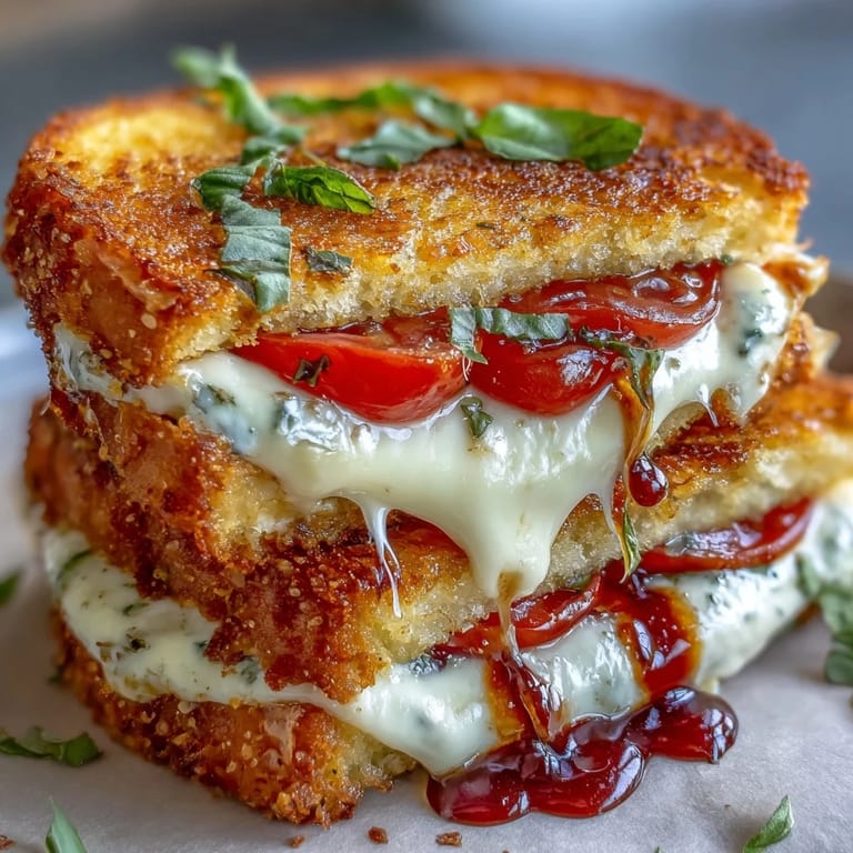 Melted Caprese grilled cheese, visually showing ripe tomato, basil, and crusty grilled bread.
