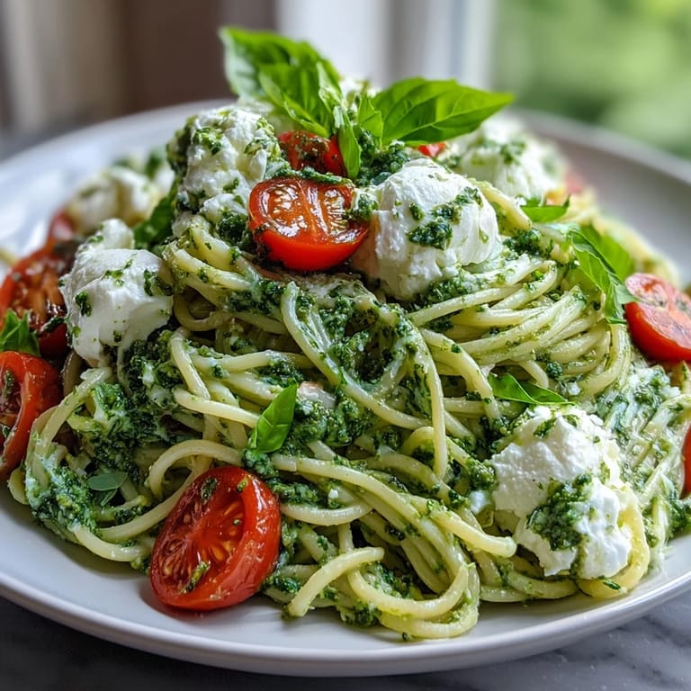 Easy pesto pasta with burrata cheese, showcasing a rich, green, and fresh flavor.