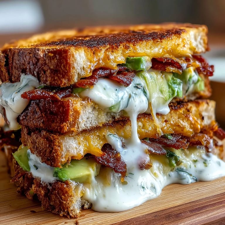 Savory Bacon Avocado Ranch Grilled Cheese featuring crispy bacon and fresh avocado.
