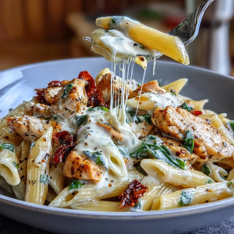Deliciously rich Creamy Tuscan Chicken Pasta, ready to be served with fresh basil.