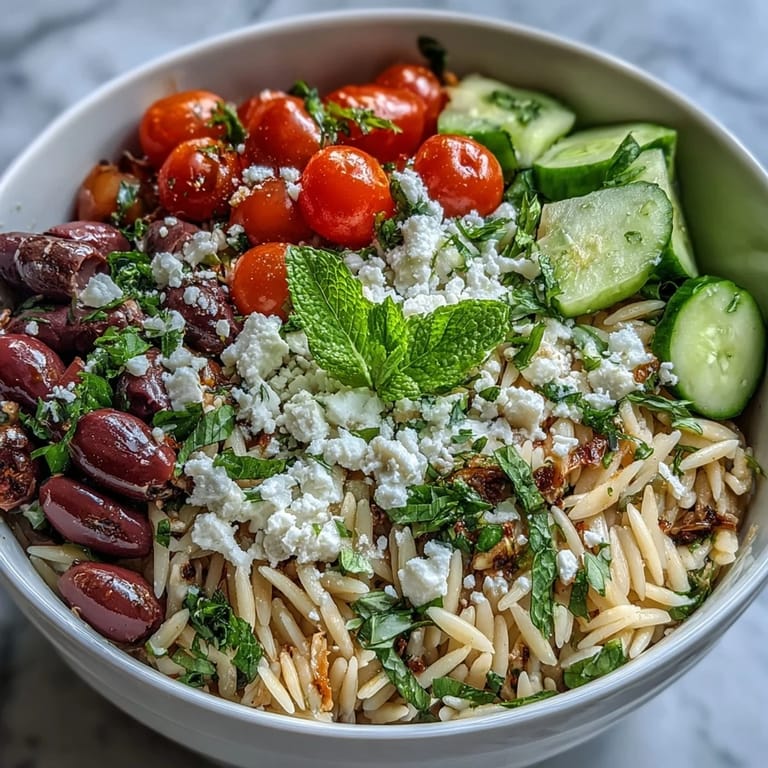 Generous serving of Mediterranean Orzo Bowl, a light yet satisfying vegetarian lunch.