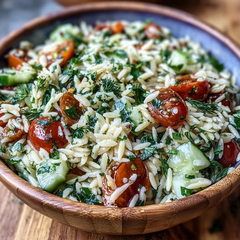 Delicious warm Lemon Herb Orzo Salad, perfect for a light and flavorful lunch.