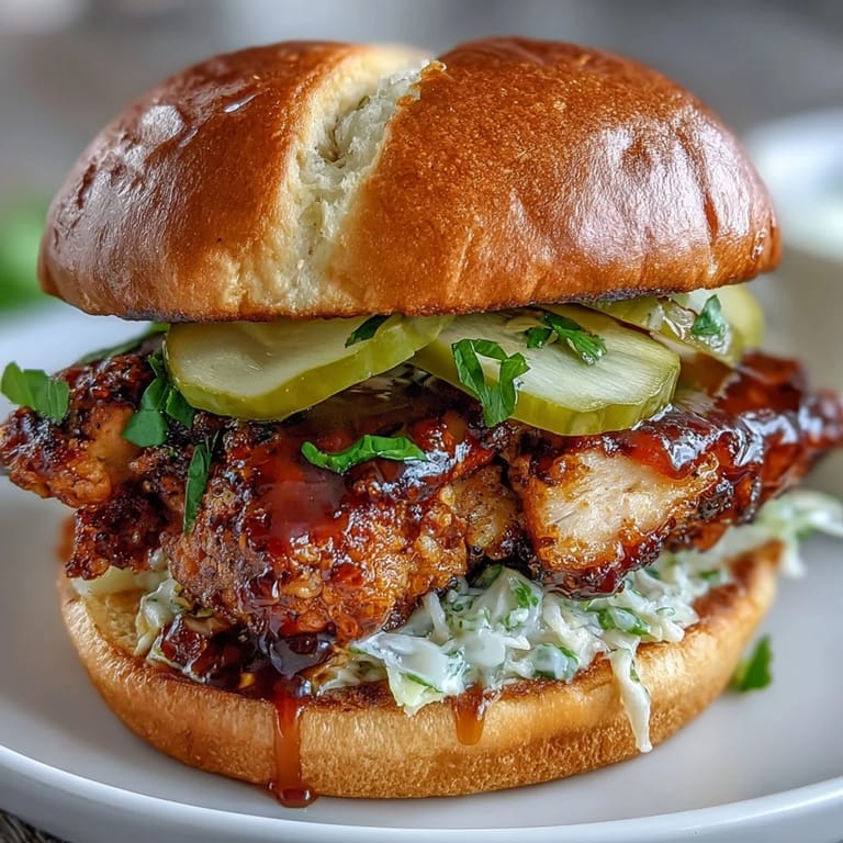 Golden brown fried chicken sandwich bursting with sweet and savory hot honey flavor.