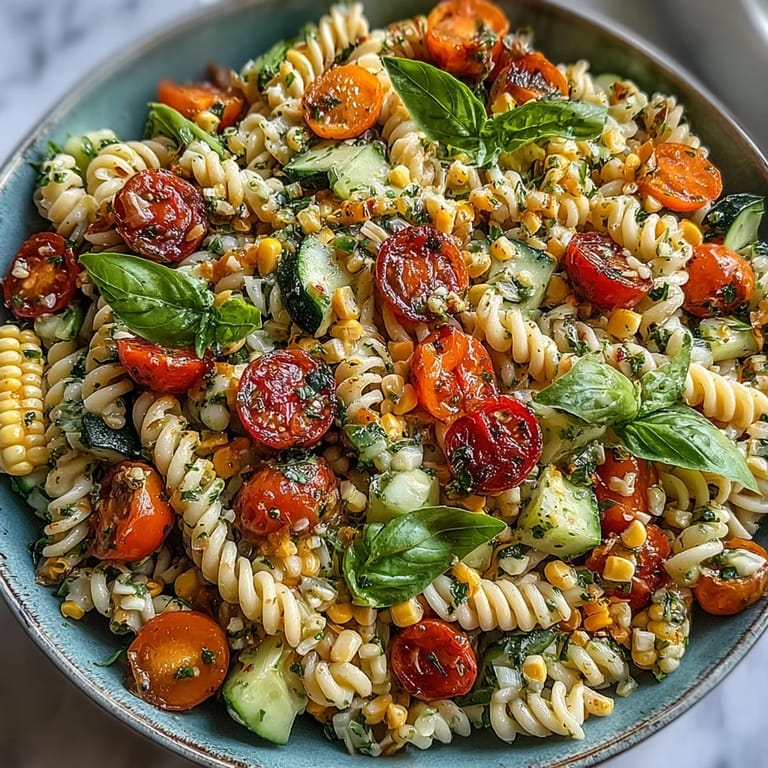 Easy Summer Corn and Tomato Pasta Salad, perfect refreshing side dish for gatherings.