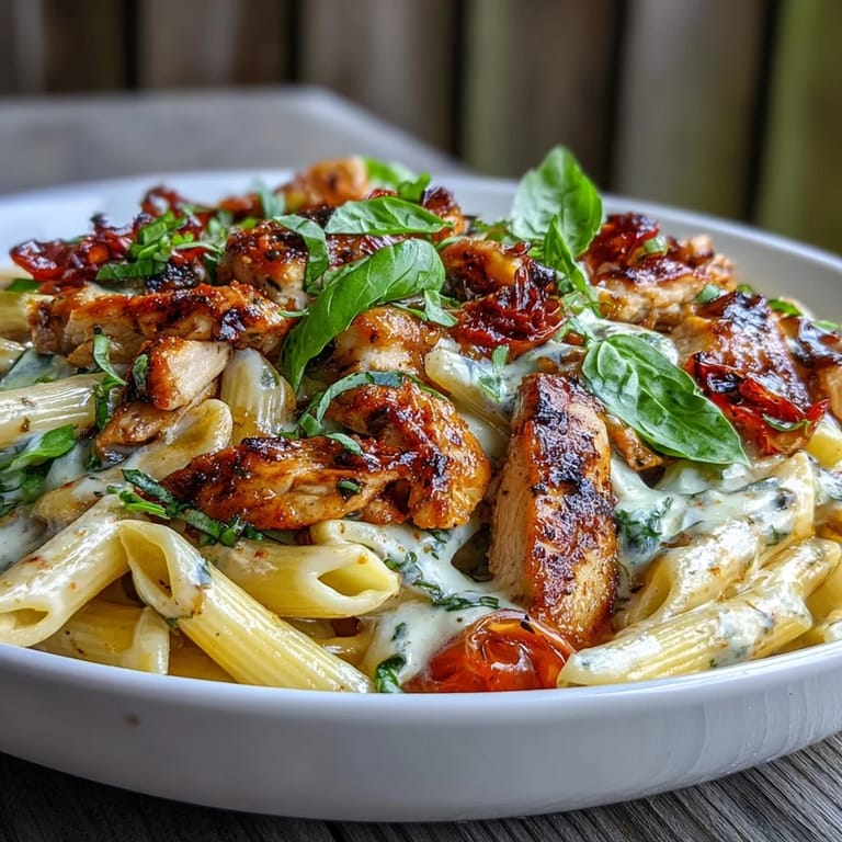 Hearty chicken pasta with a bright basil tomato cream sauce, perfect for dinner.