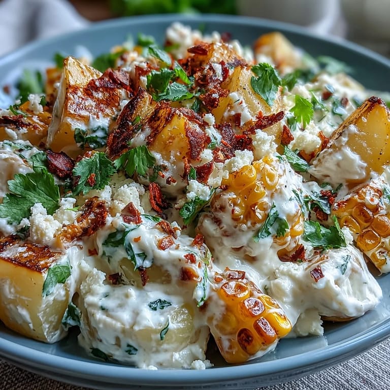 Tangy Elote Potato Salad, warm and smoky, perfect for your next BBQ.