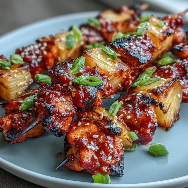 Vibrant Pineapple Gochujang Chicken Skewers with colorful vegetables, perfectly charred.