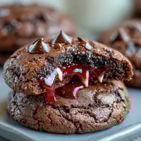 Spooky chocolate cookies with candy fangs and red gel icing for a Halloween treat.  