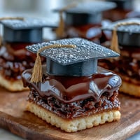 Easy Graduation Cookies with Fondant Mortarboard, decorated with black fondant hats and yellow tassels, displayed on a festive party tray.