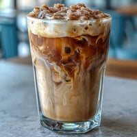 Starbucks Iced Brown Sugar Oat Milk Shaken Espresso with creamy oat milk and a hint of cinnamon, served over ice in a tall glass.