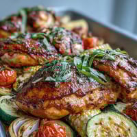 Sheet pan chicken with zucchini and corn, roasted to golden perfection with juicy chicken and sweet summer vegetables.