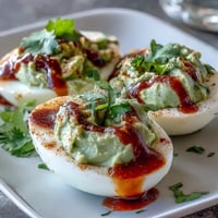 Creamy avocado deviled eggs with a spicy Sriracha drizzle, garnished with fresh cilantro and paprika.
