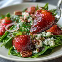 Fresh strawberry spinach salad with creamy goat cheese and toasted pecans in a tangy balsamic vinaigrette, perfect for a light spring meal.