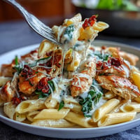 Tender chicken meets creamy Tuscan pasta with sun-dried tomatoes and spinach.