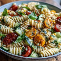 Vibrant Summer Corn and Tomato Pasta Salad bursting with color and fresh summer flavors.