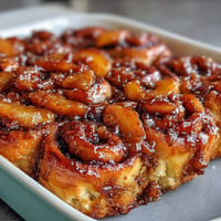 Warm, gooey Peach Cobbler Cinnamon Roll Casserole with sweet icing drizzle.