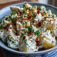 Creamy Elote Potato Salad with roasted corn, lime, and chili topping.